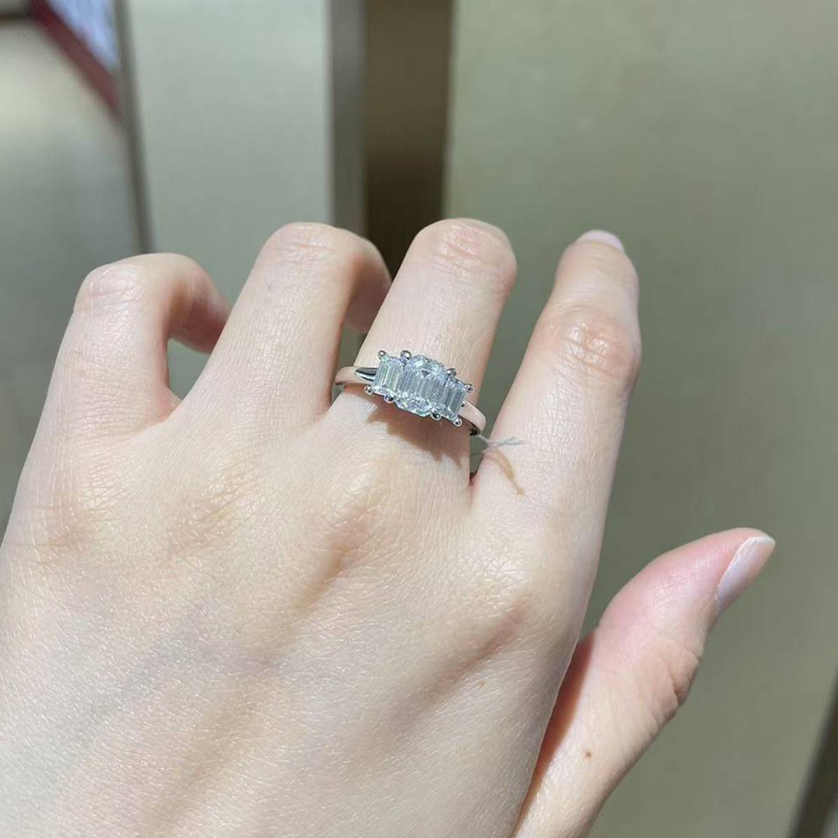 Three Stone Emerald Cut Women's Ring S925 Silver Plated Platinum Customized Selection Main and Deputy Stone Moissanite Diamond 1.0ct